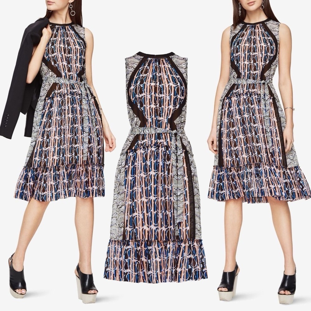 Bcbgmaxazria Kirbie Mixed Media Silk Sleeveless Dress Black Artsy Ruffle Paisley